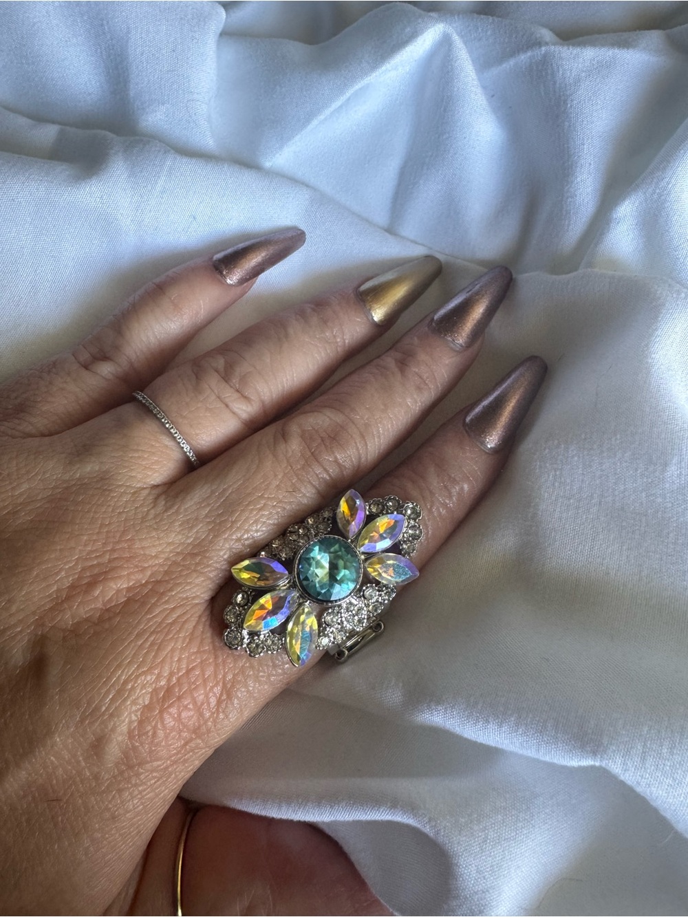 paparazzi Iridescent Aurora Floral Crystal Ring - Blue-Green